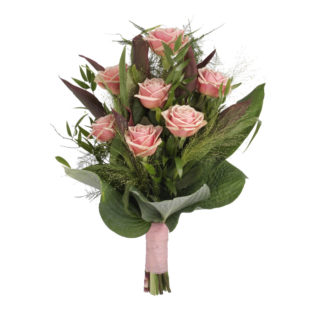 Eenvoudig rouwboeket roze rozen & groen